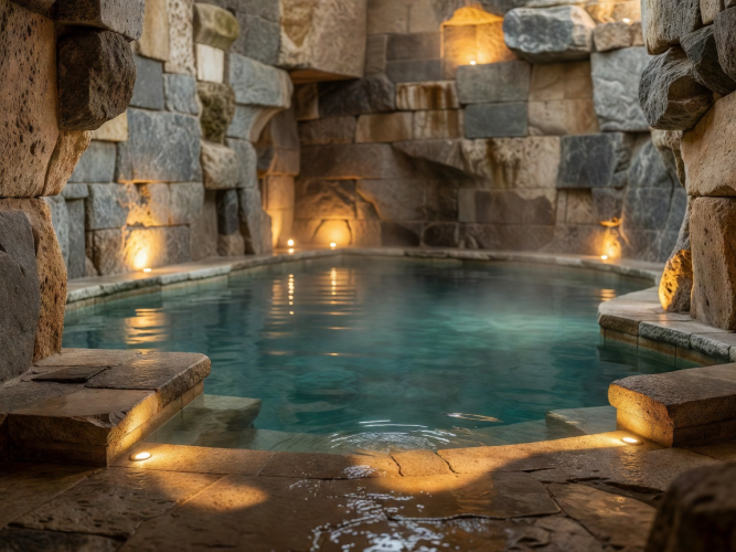 Beautiful indoor thermal pool with stone walls and warm lighting