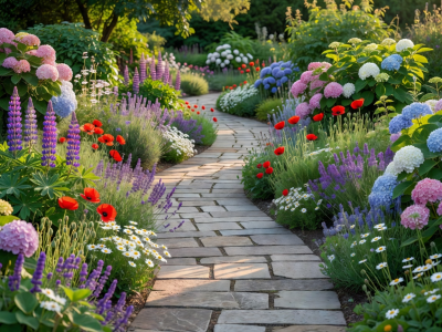 Beautifully landscaped garden path in summer