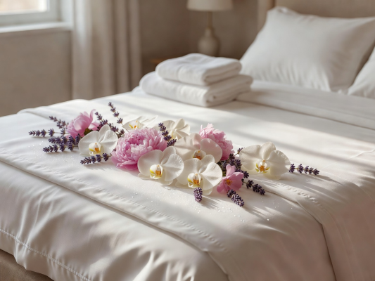 Beautifully prepared spa bed with fresh linen and flowers