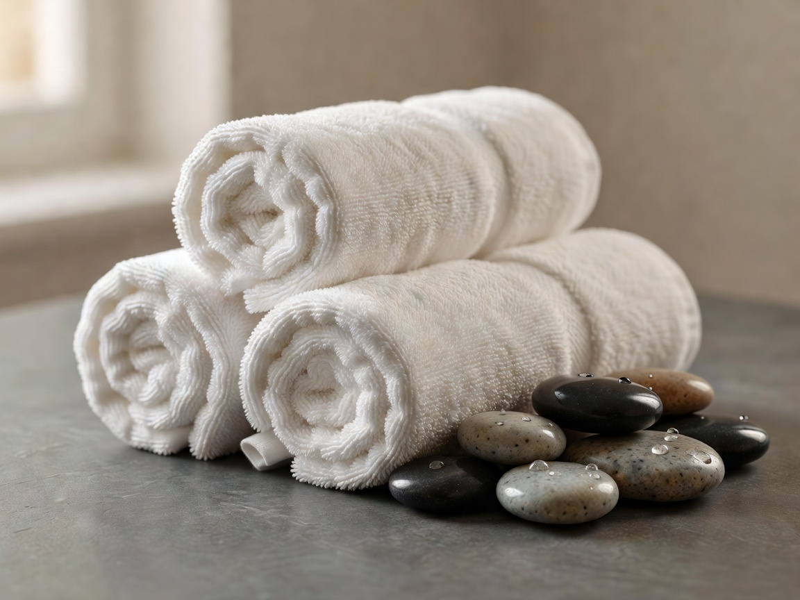 Close up of rolled spa towels and stones