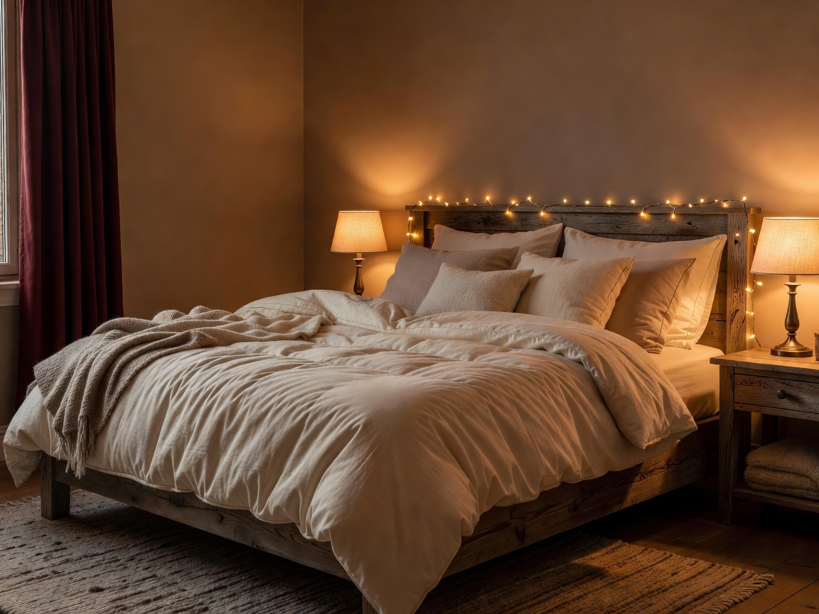 Cozy bedroom with warm lighting and comfortable linens