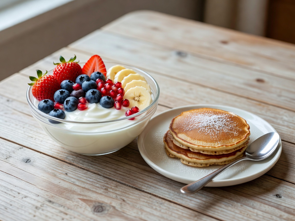 Freshly prepared healthy breakfast with fruit and yogurt