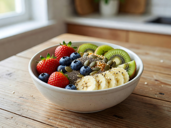 Healthy breakfast bowl with fresh fruits and seeds