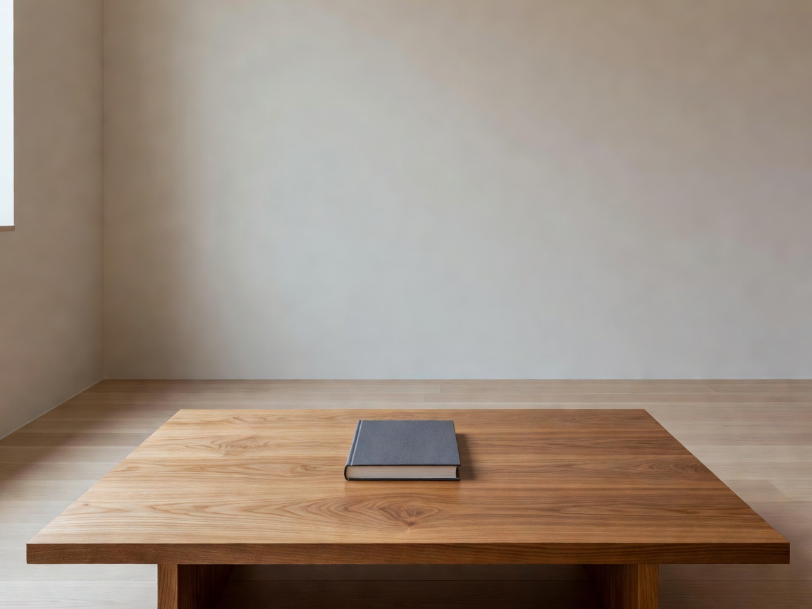 Minimalist room with a book resting on a wooden table, no electronics