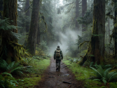 Misty morning walk through a dense evergreen forest