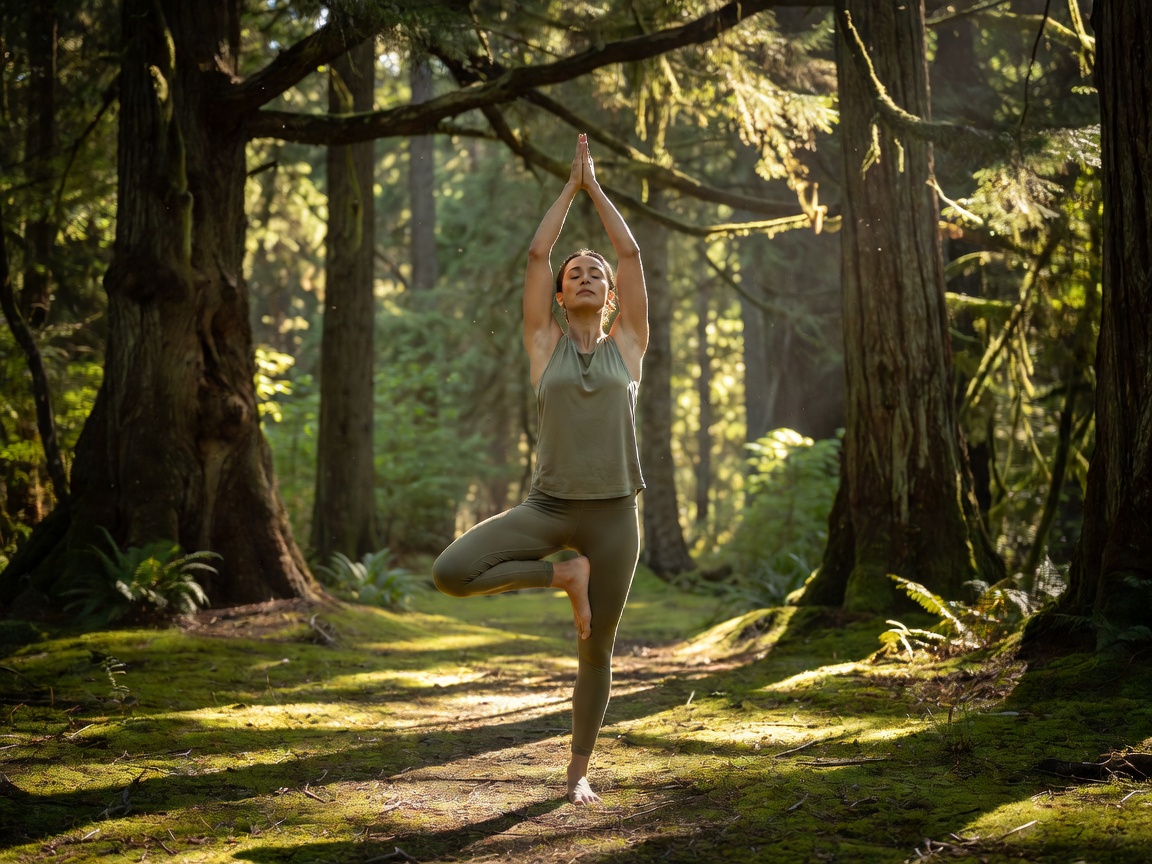 Person doing yoga pose outdoors in a forest clearing