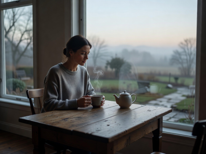 Person enjoying a quiet moment with tea looking out window
