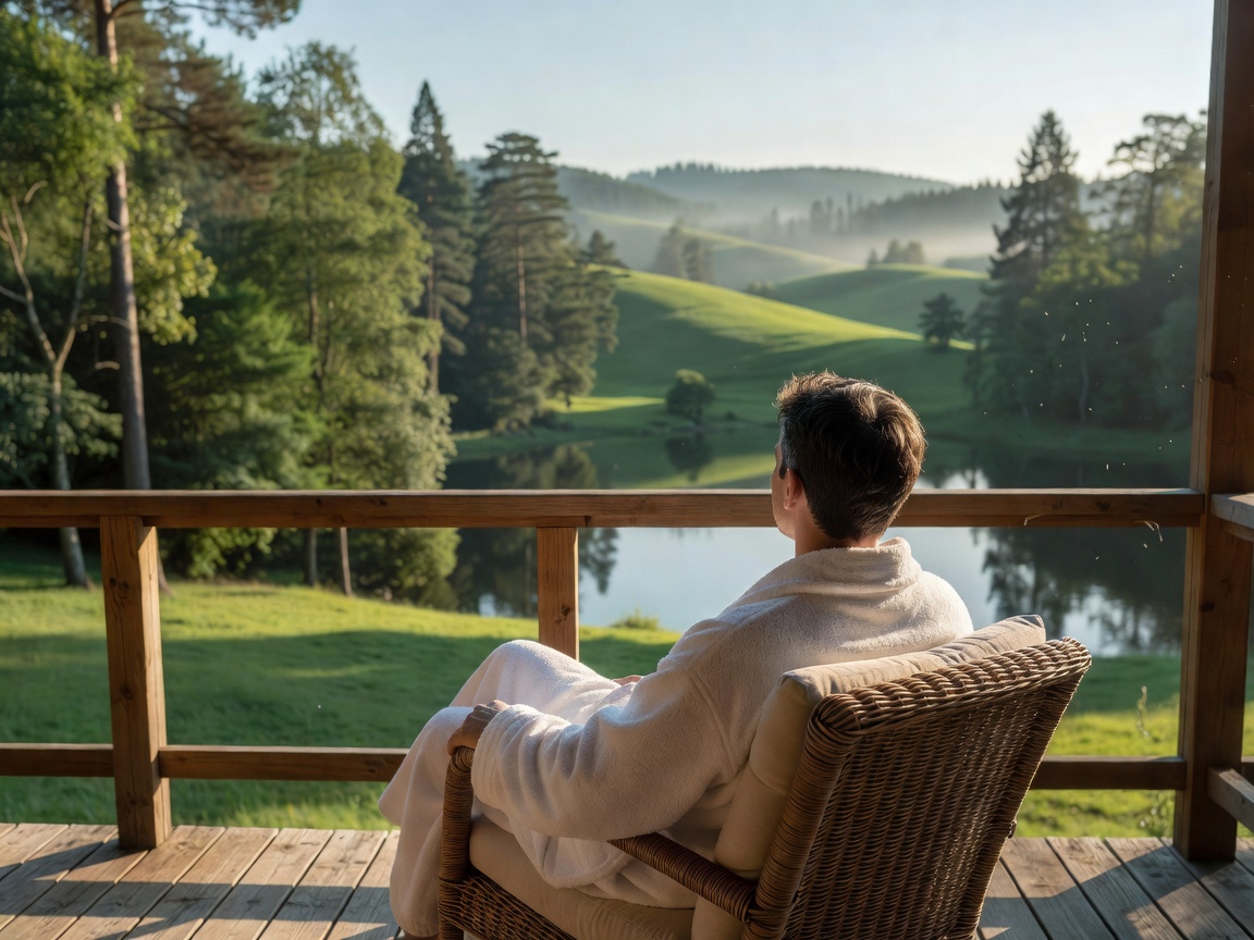 Person relaxing in a white robe looking out at nature