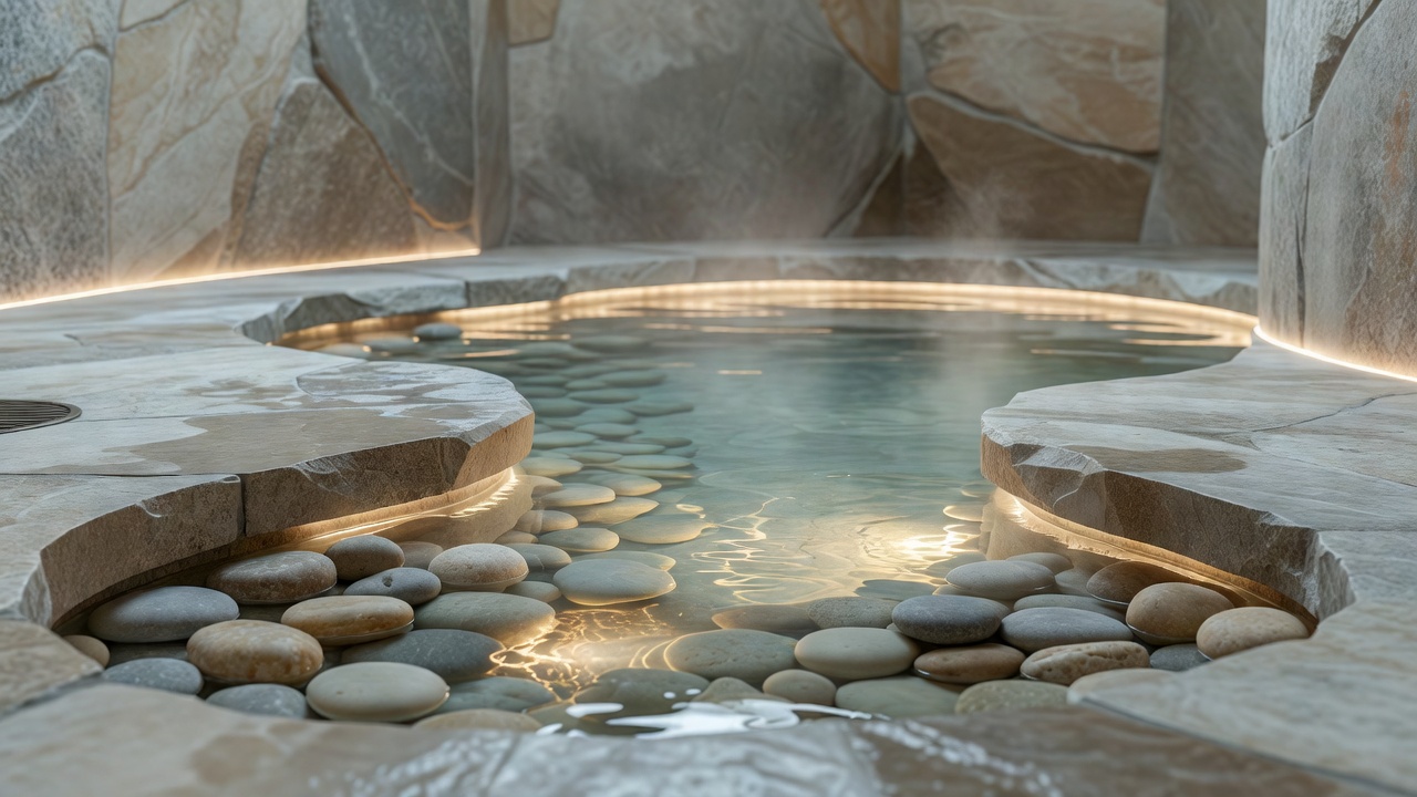 Serene spa pool with natural stone and soft lighting