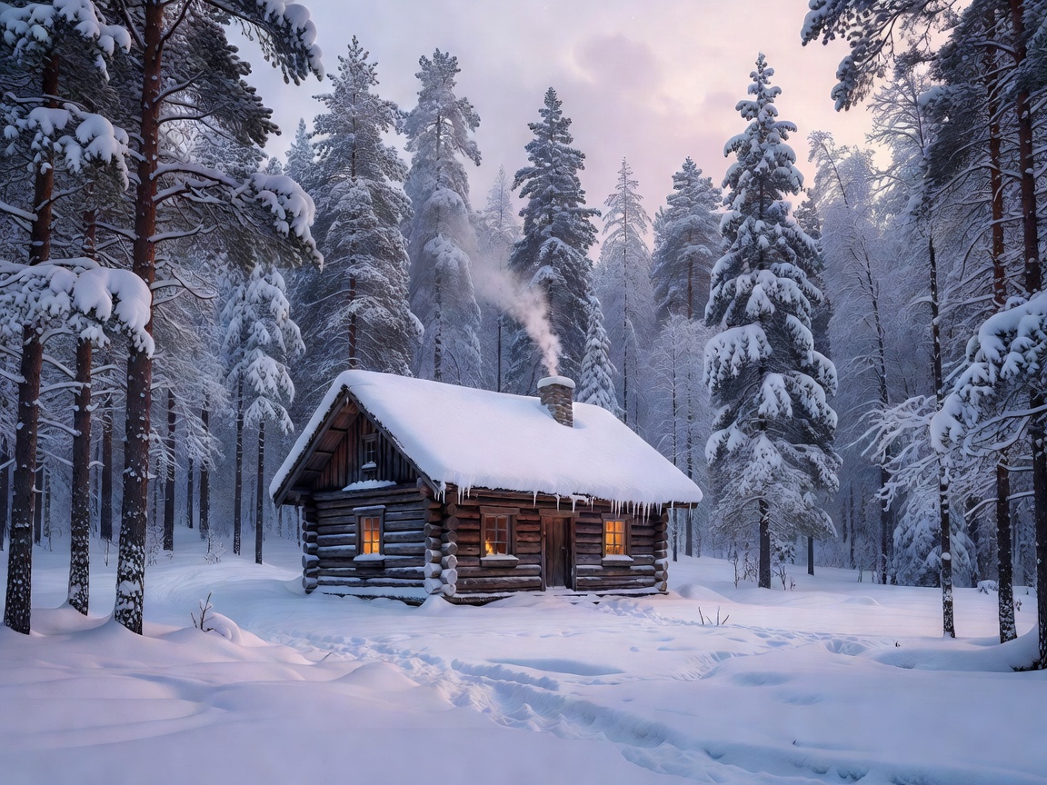 Small cozy cabin surrounded by snow covered trees