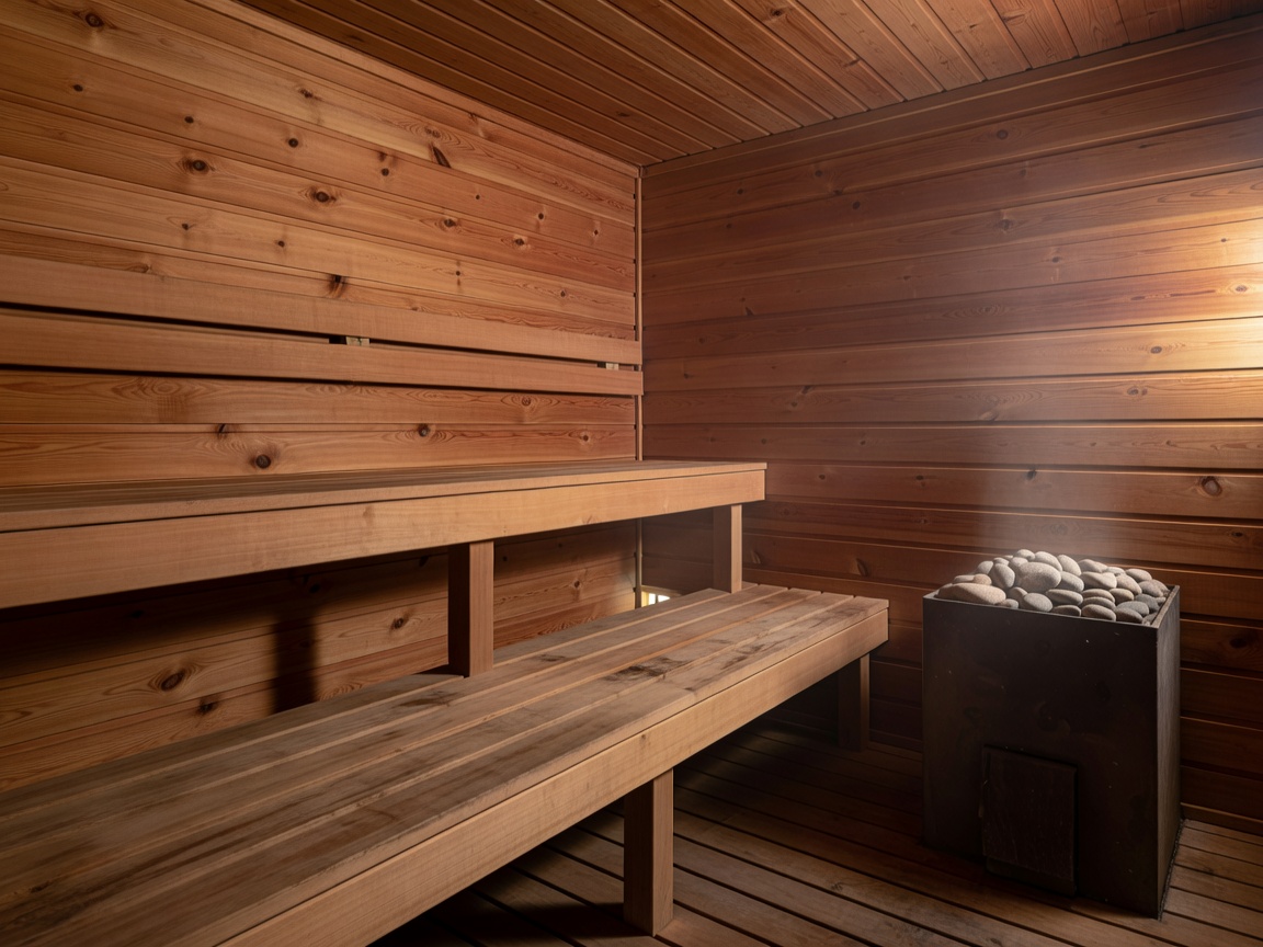 Traditional dry cedar sauna interior