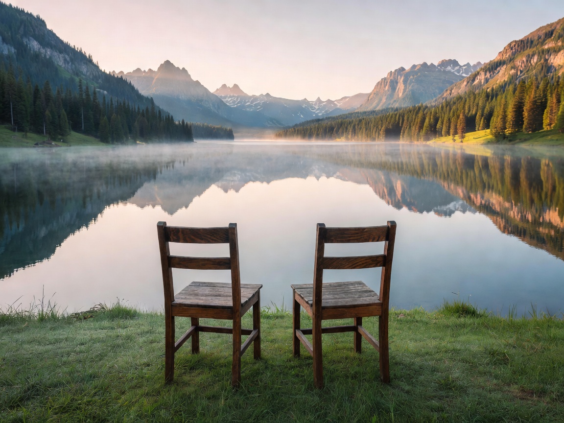 Two chairs facing a beautiful calm mountain lake